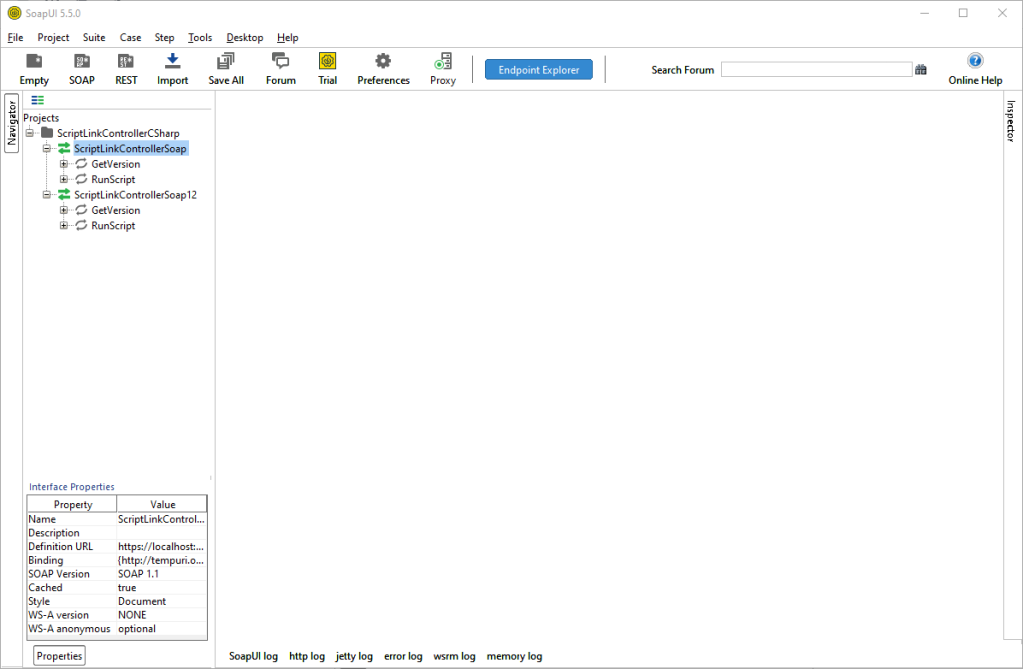 SoapUI showing new ScriptLink SOAP Project