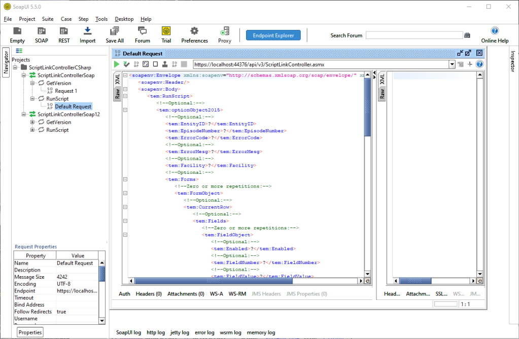 ScriptLink RunScript Request shown in SoapUI