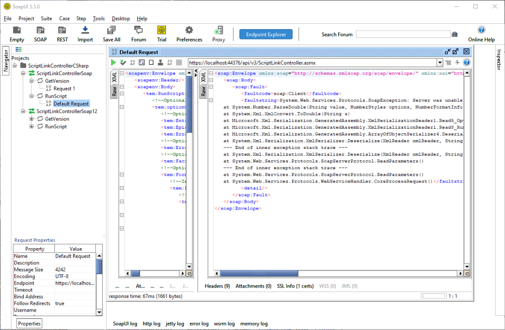 ScriptLink RunScript Error Response shown in SoapUI