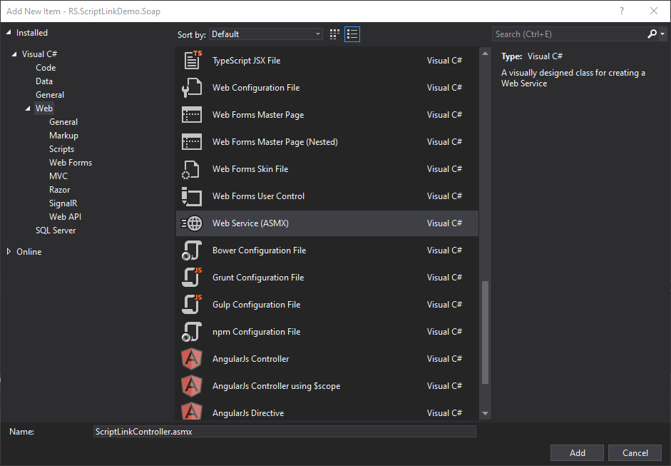 Add new C# Web Service item in Visual Studio