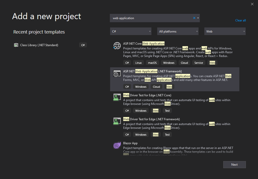 Selecting the ASP.NET Web Application (.NET Framework) project template