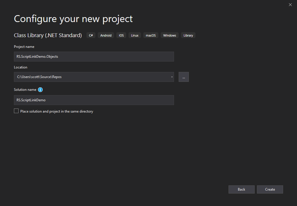 Configuring the new Class Library project in Visual Studio