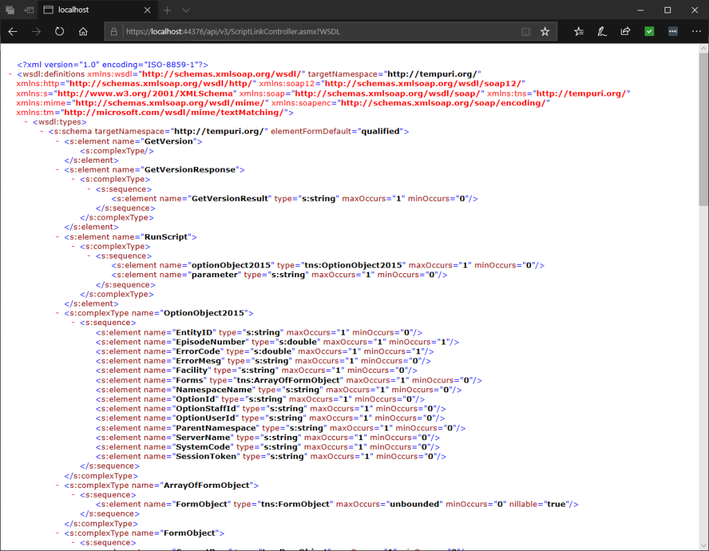 The content of the ScriptLink WSDL displayed in Microsoft Edge v.44