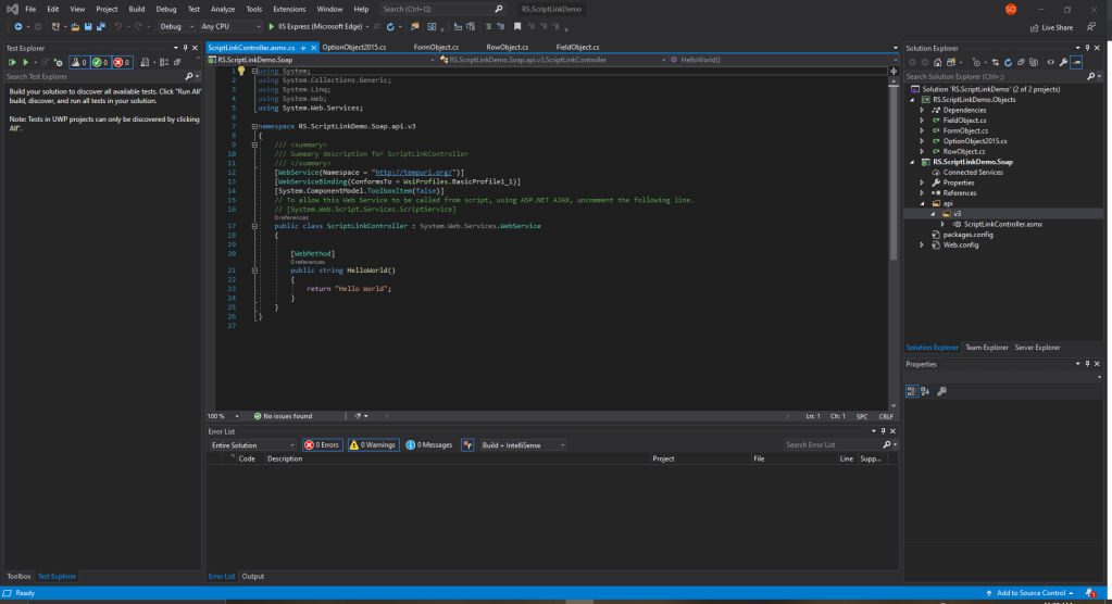 The new web service in Visual Studio