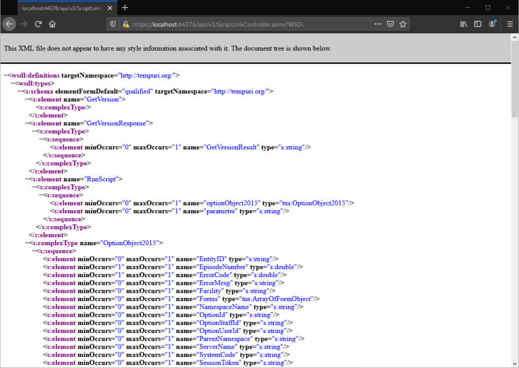 The content of the ScriptLink WSDL displayed in Mozilla Firefox 70