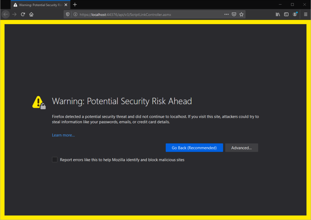 Untrusted Visual Studio SSL Certificate Shown in Mozilla Firefox 70